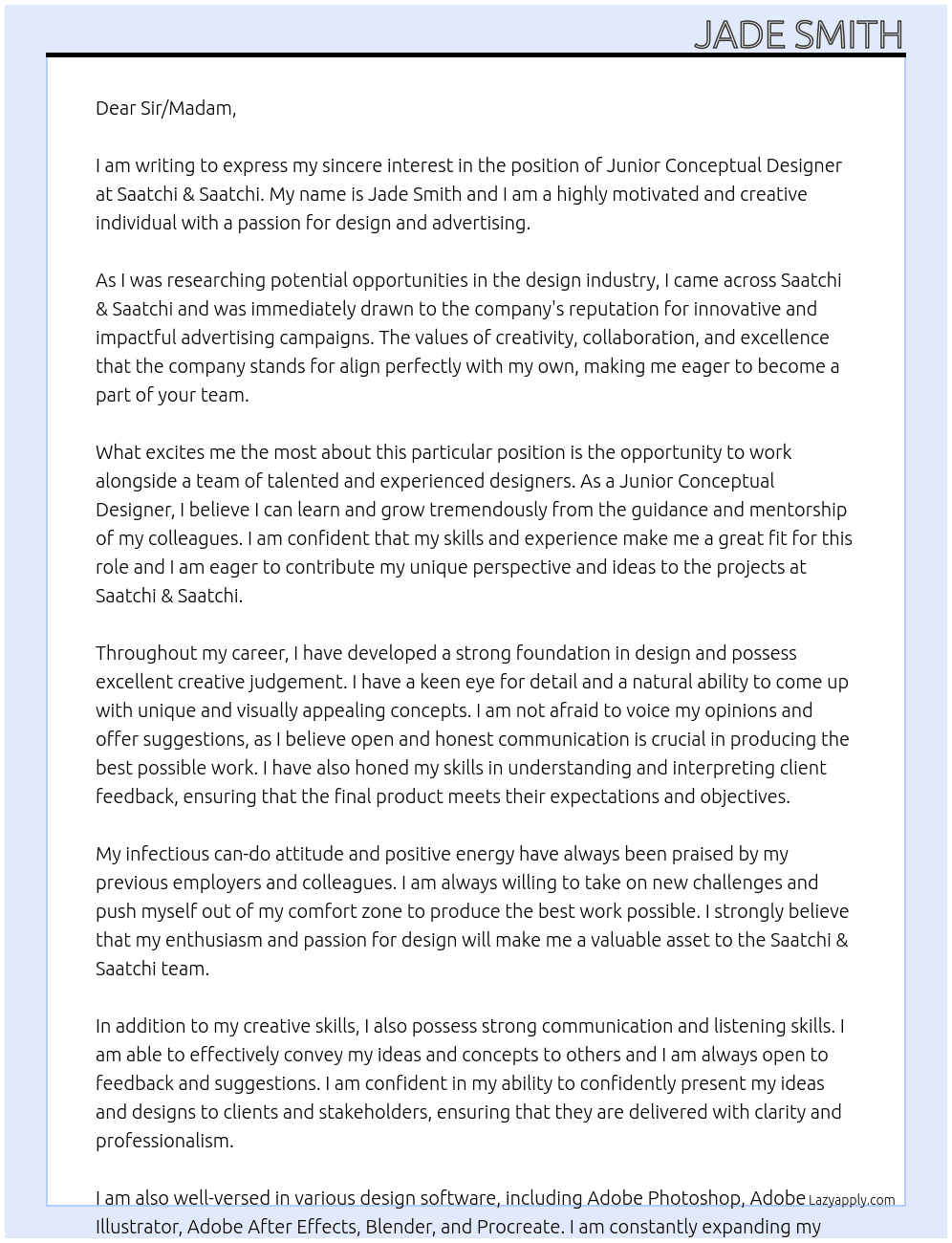 Junior Conceptual Designer At Saatchi & Saatchi Cover Letter