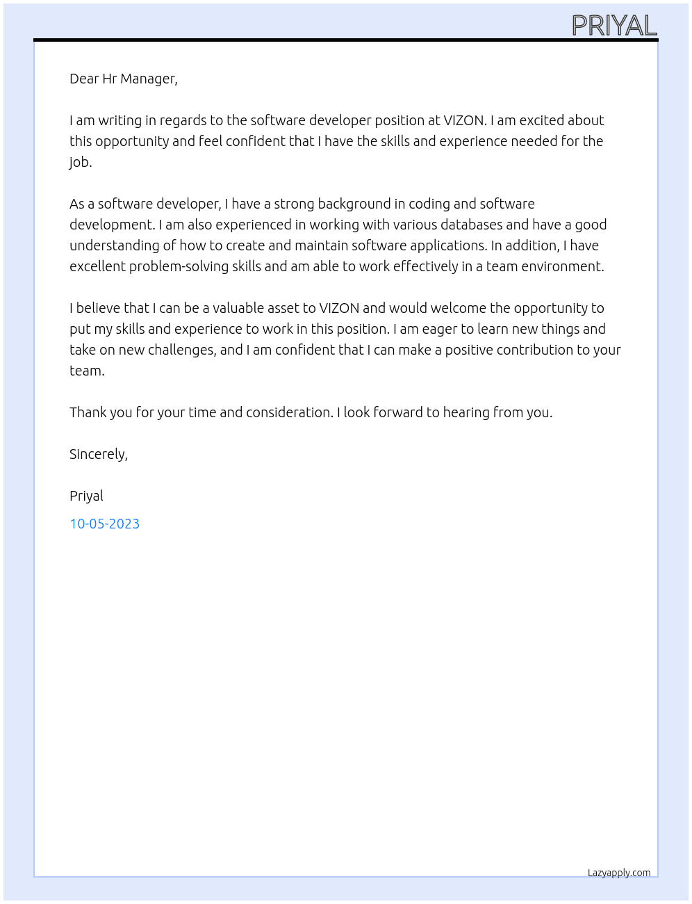 Software Developer At VIZON Cover Letter