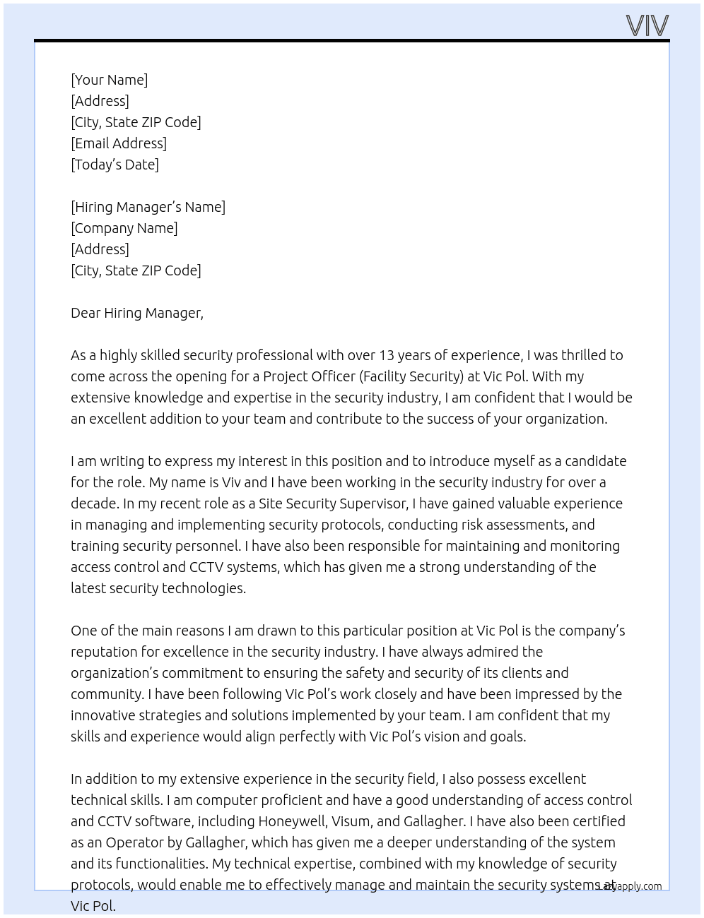 Project Officer (Facility Security) At Vic Pol Cover Letter