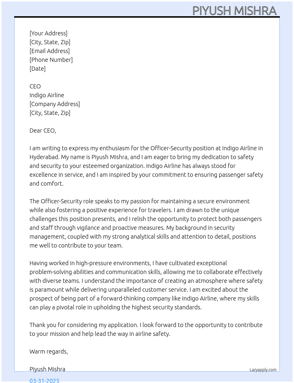 Cover letter for officer-security-hyd - LazyApply