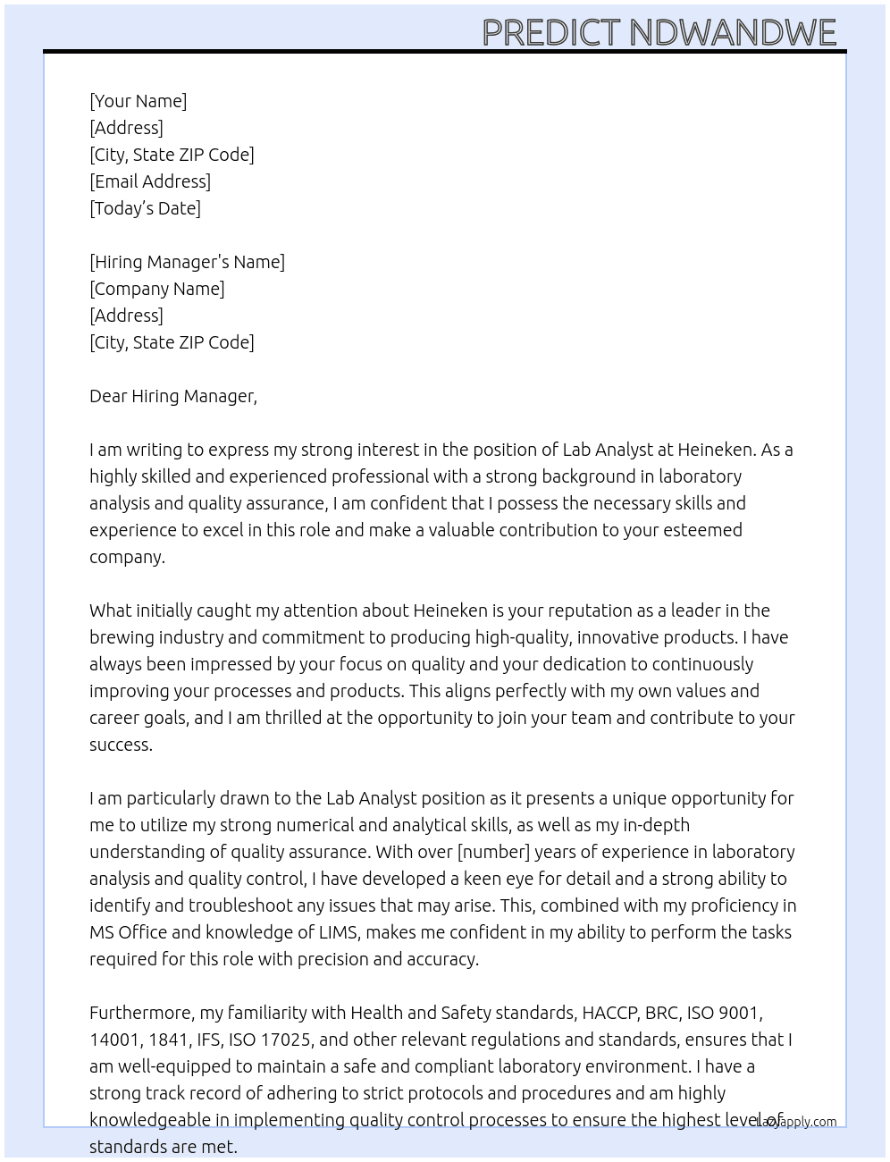 Cover letter for lab analyst - LazyApply