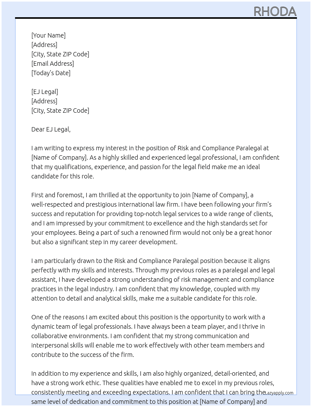 risk and compliance paralegal At International Law firm Cover Letter