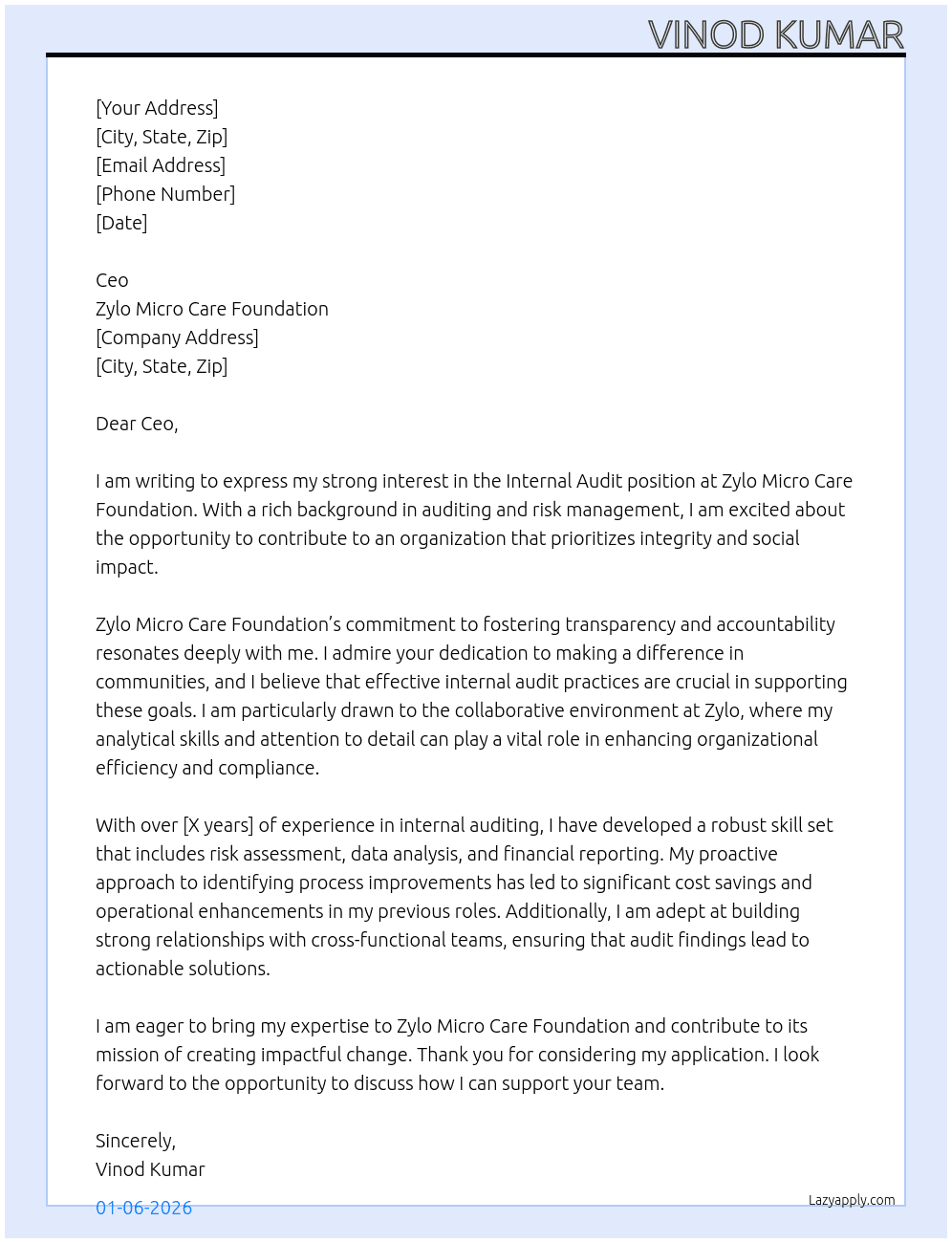 Cover letter for internal audit - LazyApply