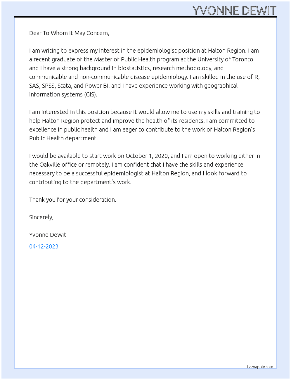 epidemiologist At Halton Region Cover Letter