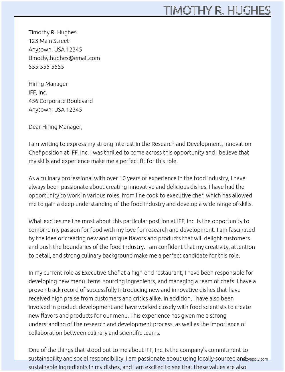 Research and Development, Innovation Chef At IFF, Inc. Cover Letter