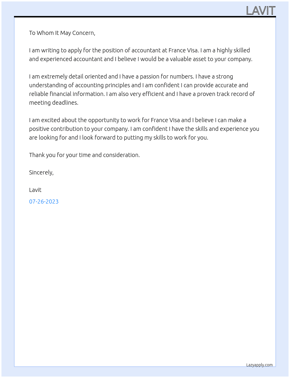 Accountant At France Visa Cover Letter