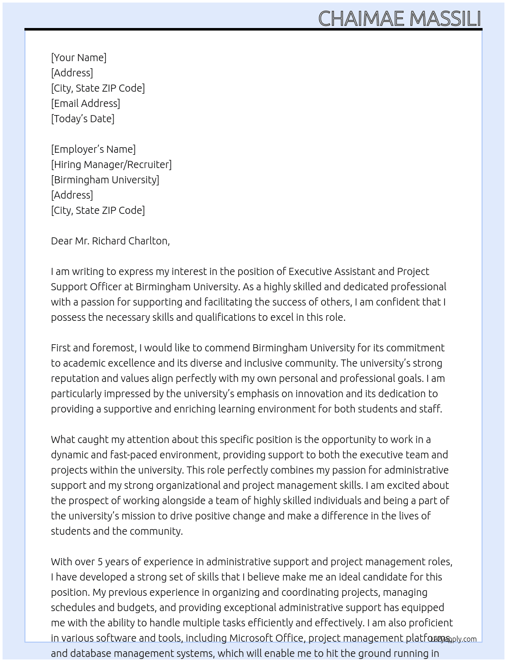 Executive Assistant and Project Support Officer At Birmingham university Cover Letter