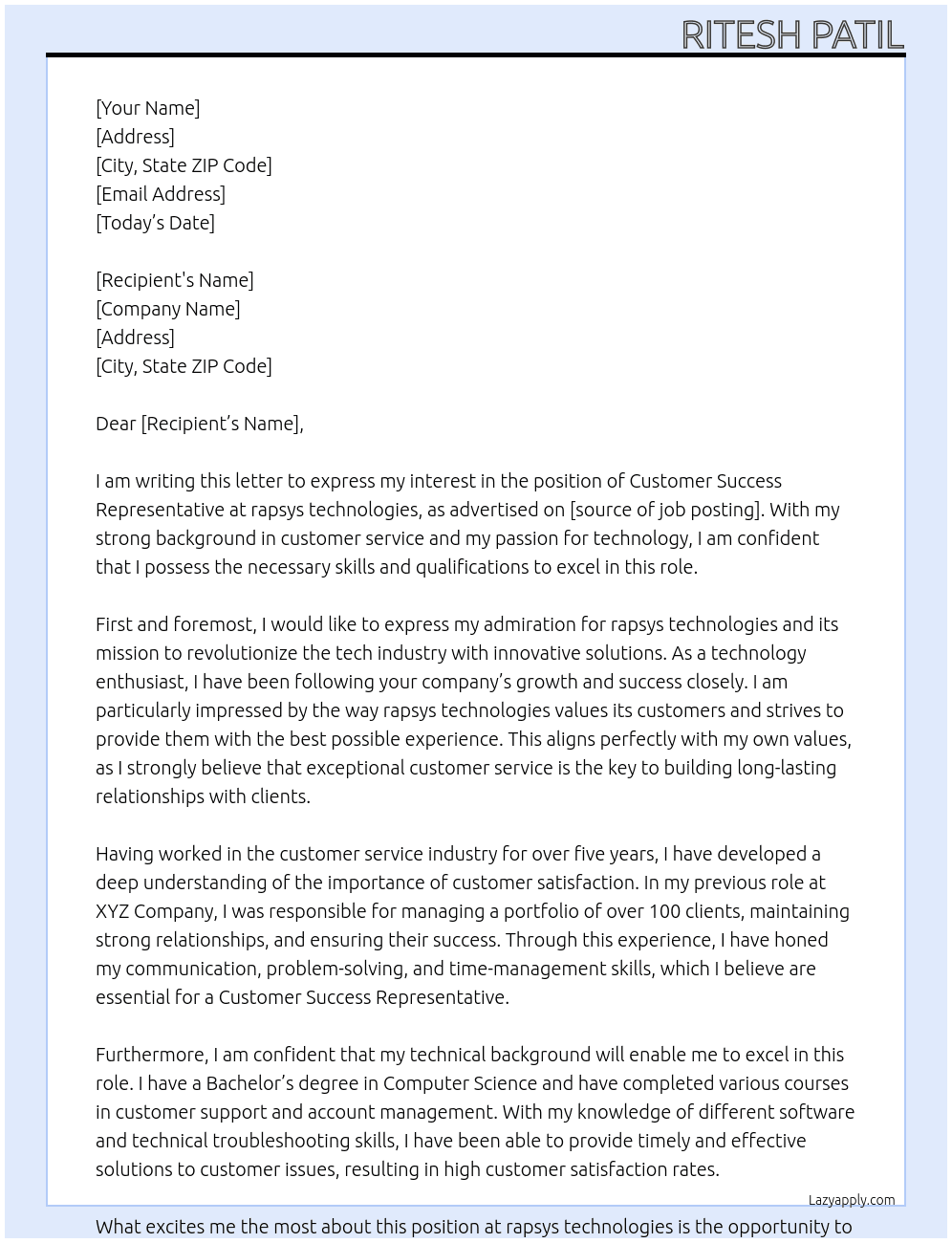 Customer Success Representative At rapsys technologies Cover Letter