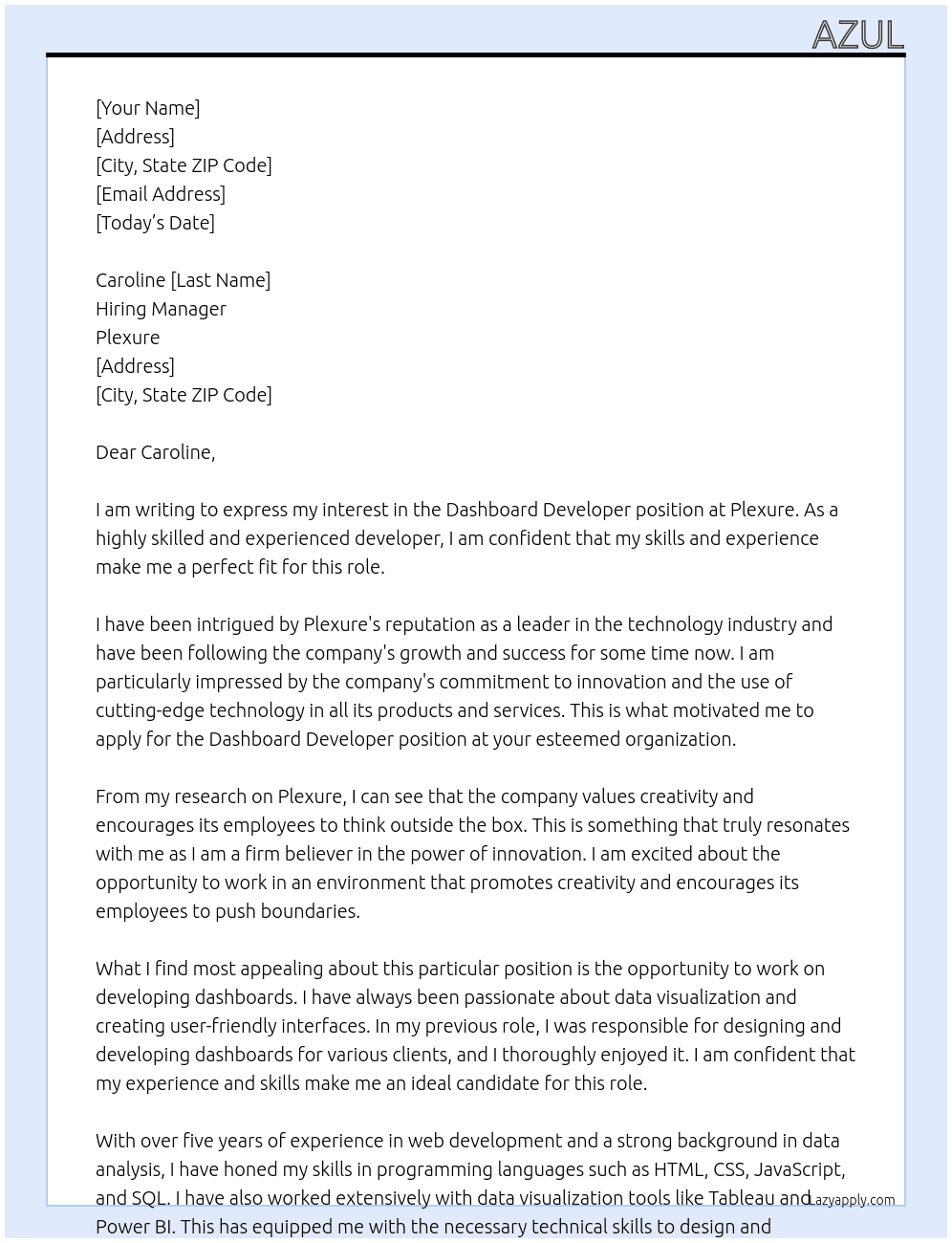Dashboard Developer At Plexure Cover Letter