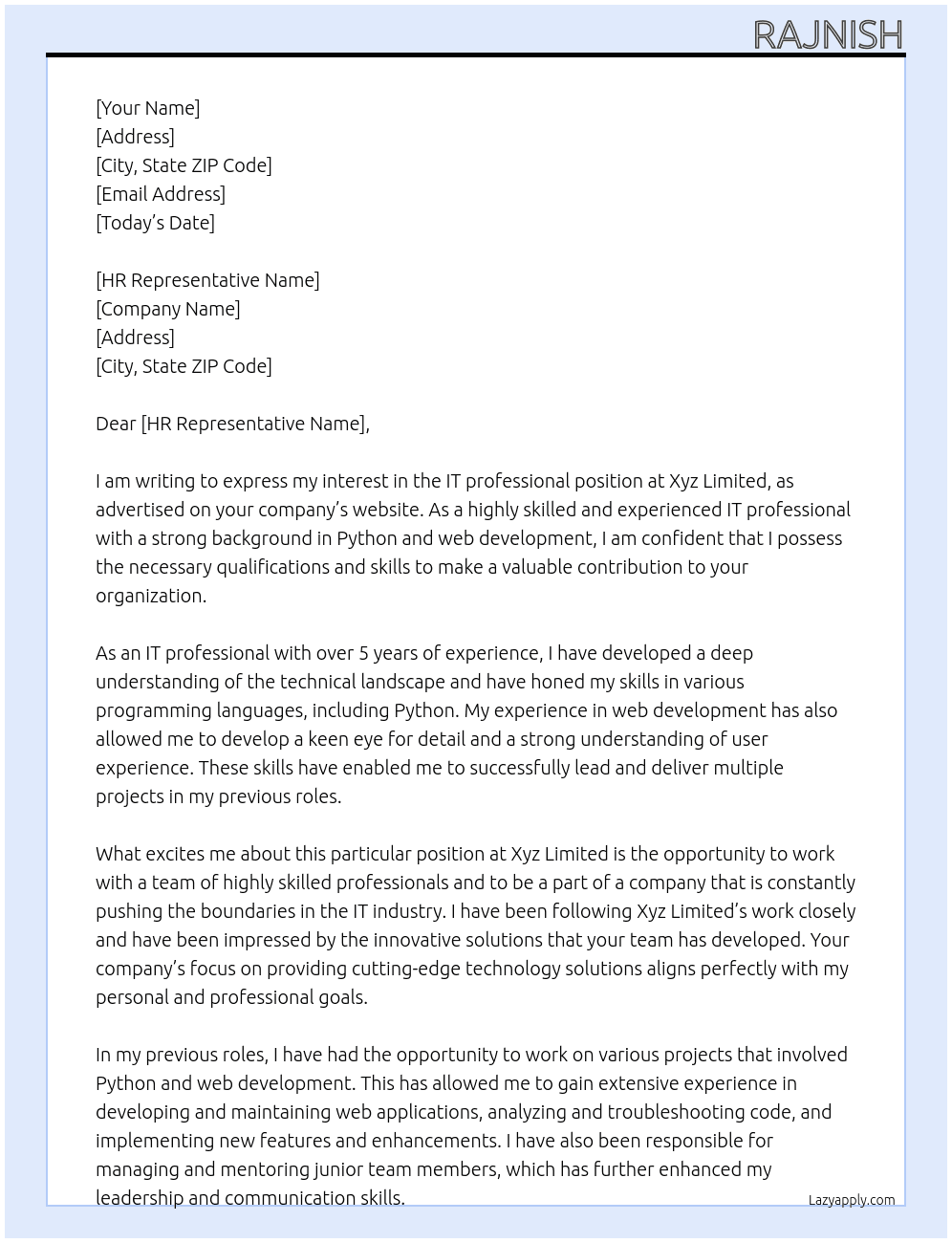IT professionals At Xyz limited Cover Letter