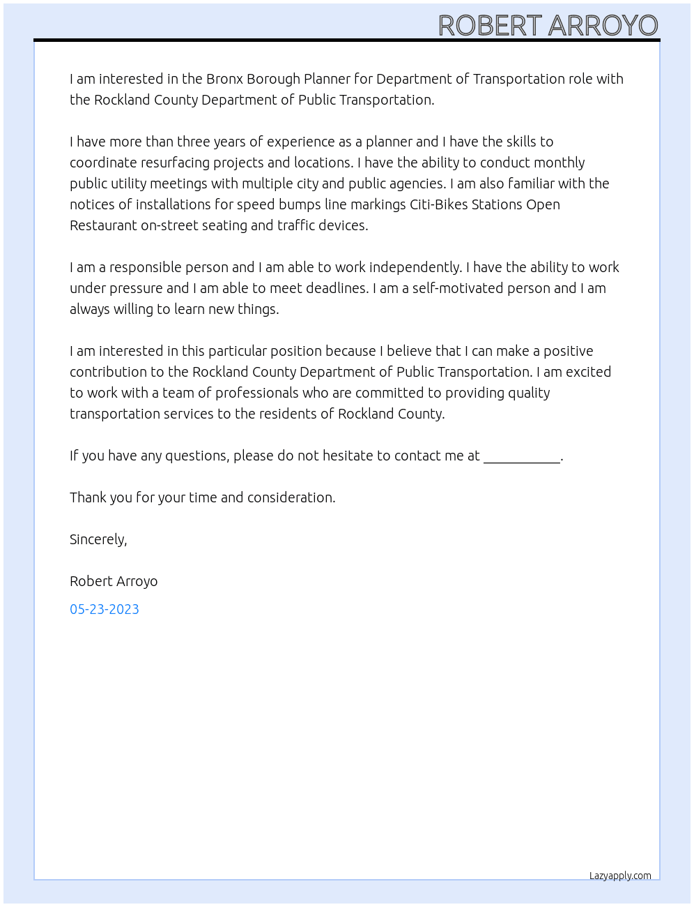 Planner  At Rockland County Department of Public Transportation Cover Letter