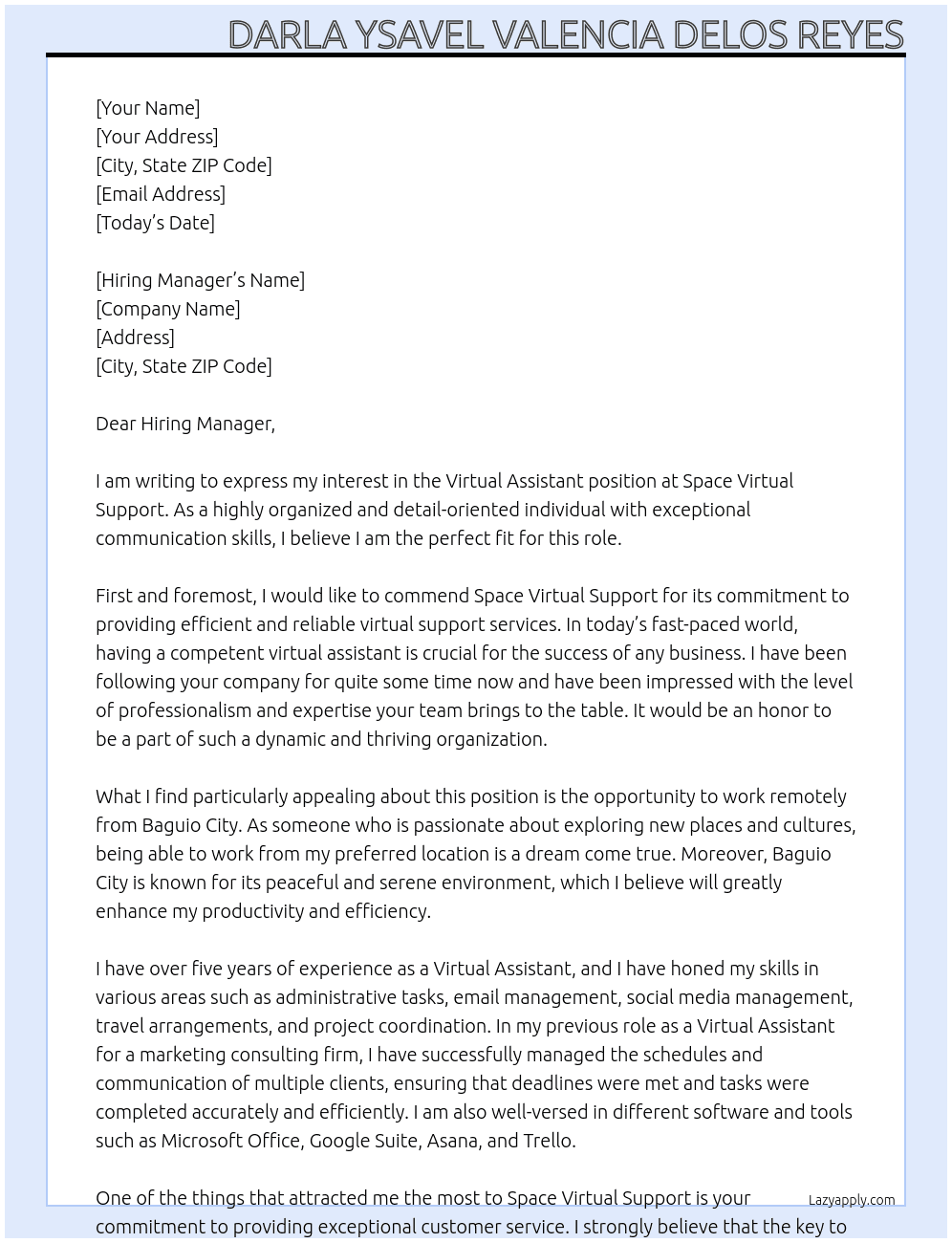 Virtual Assistant At Space Virtual Support Cover Letter