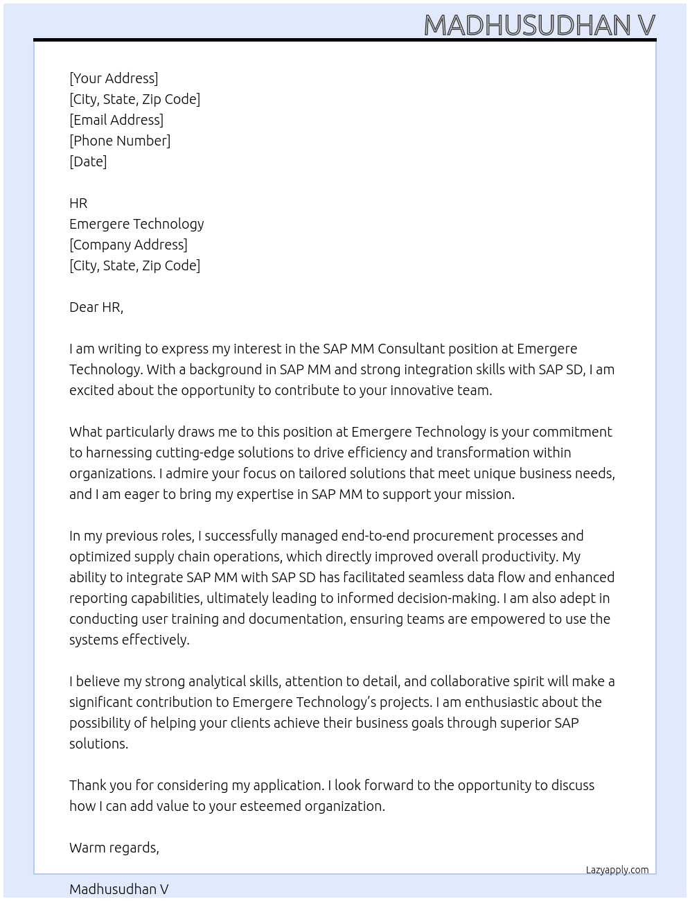 SAP mm consultant  At Emergere technology  Cover Letter