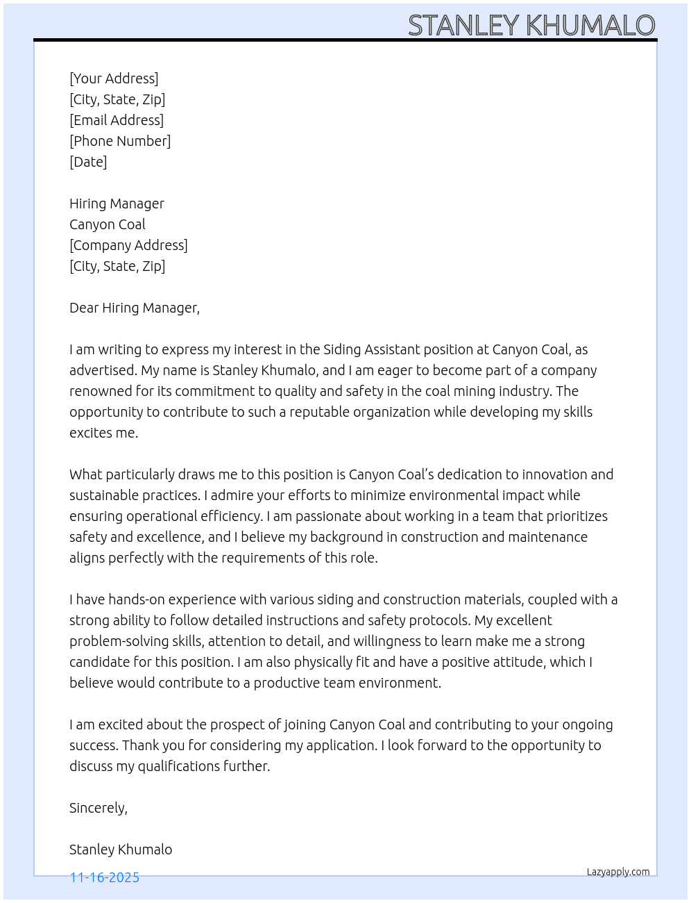 Cover letter for siding assistant - LazyApply