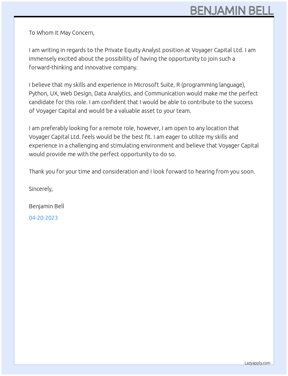 Private Equity Analyst At Voyager Capital Ltd. Cover Letter