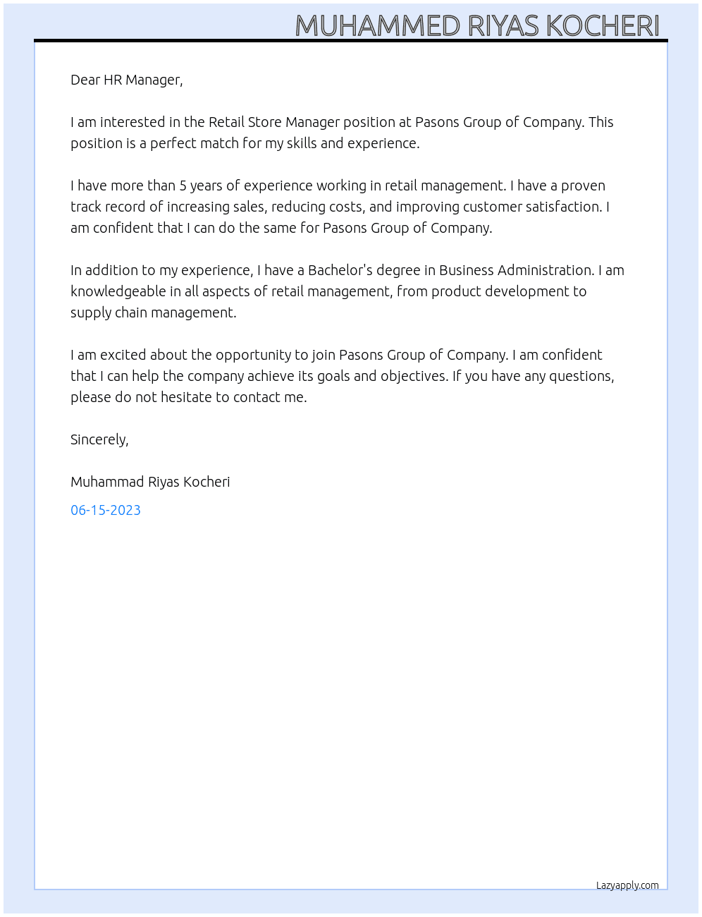 Retail store manager  At PASONS GROUP OF COMPANY  Cover Letter