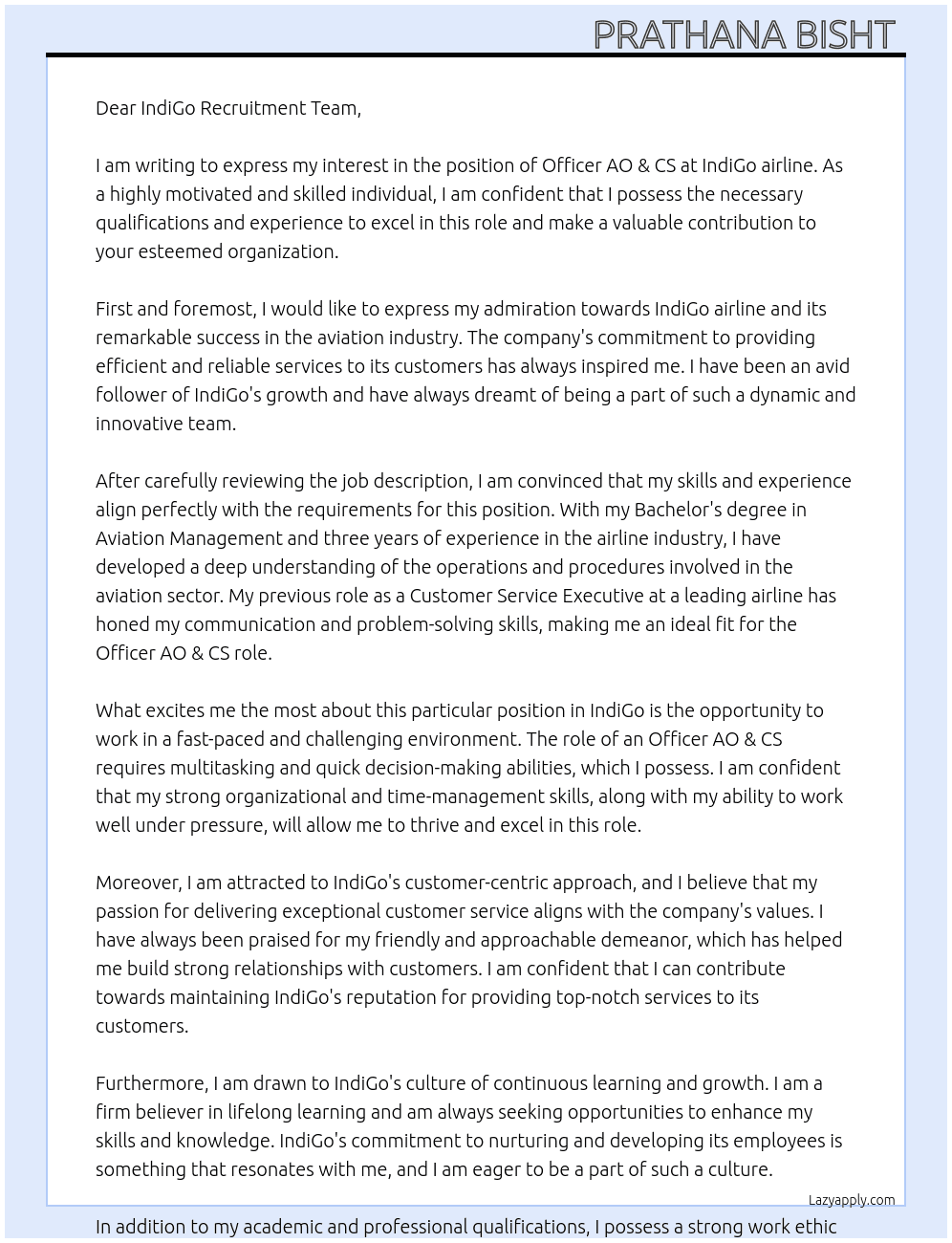 Cover letter for application for the position of officer ao & cs - LazyApply