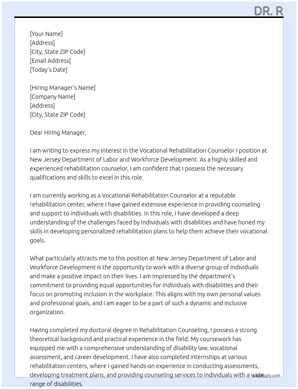 Vocational Rehabilitation Counselor I At New Jersey Department of Labor and Workforce Development Cover Letter