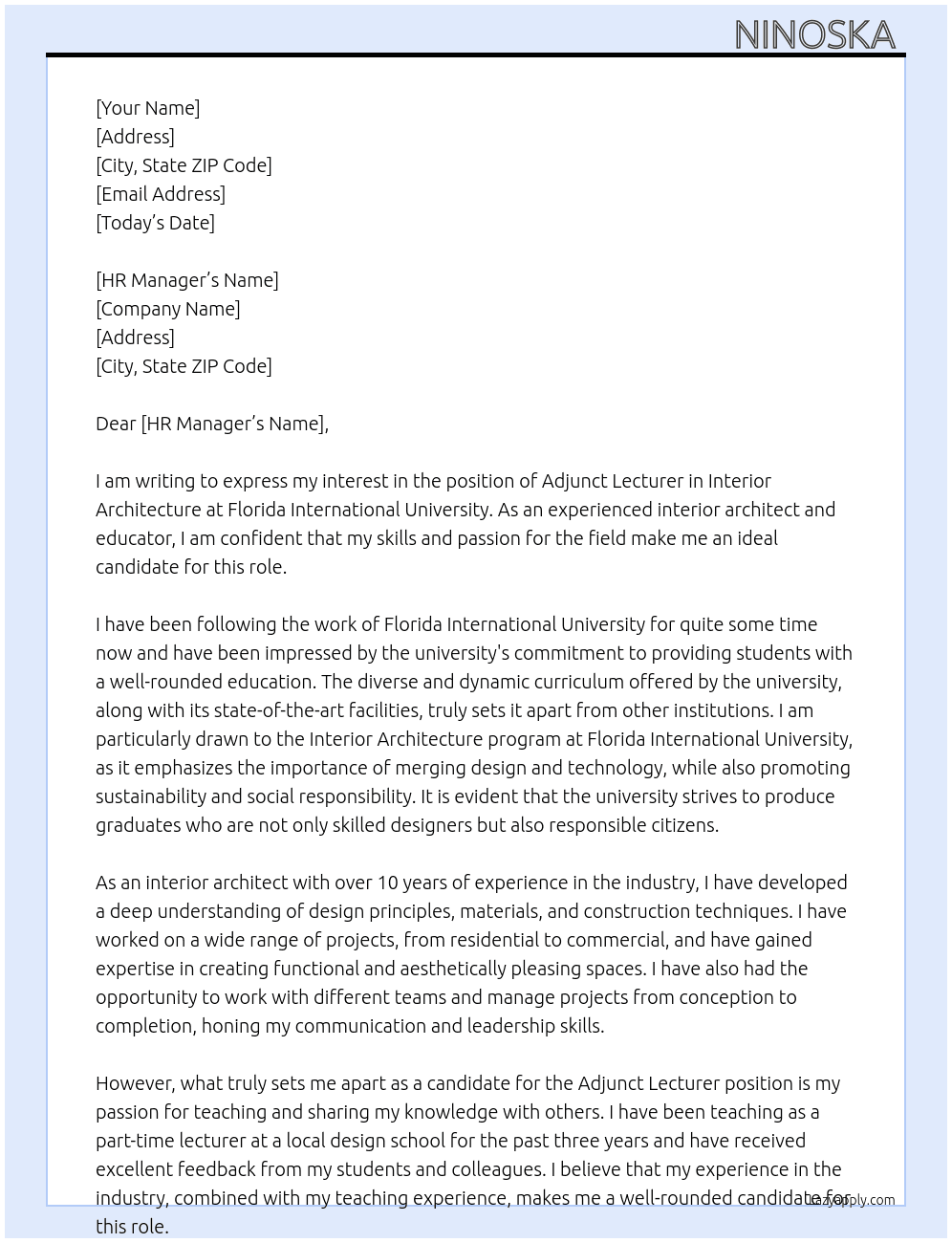 Adjunct Lecturer in Interior Architecture At Florida International University  Cover Letter
