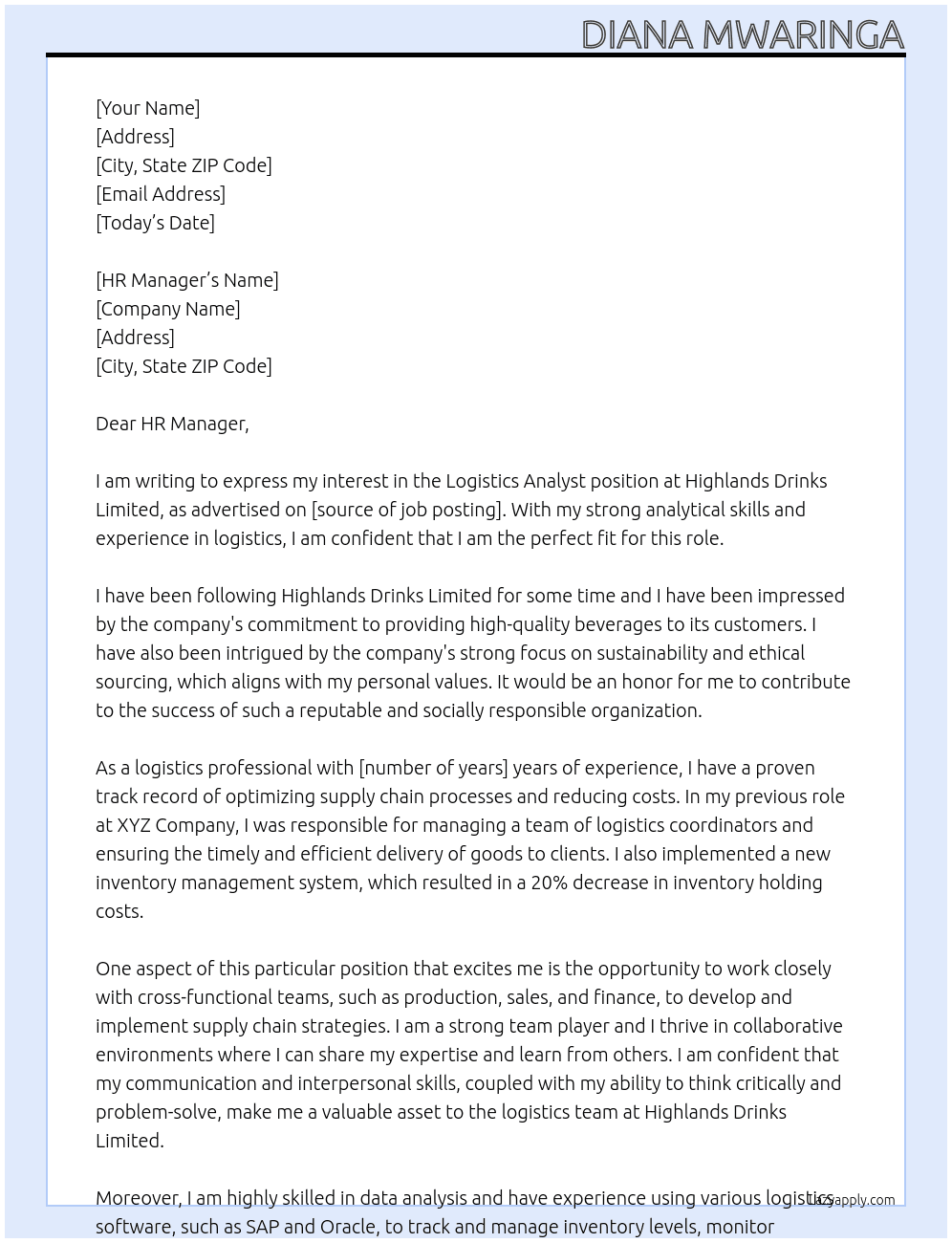Logistics Analyst At Highlands Drinks Limited Cover Letter