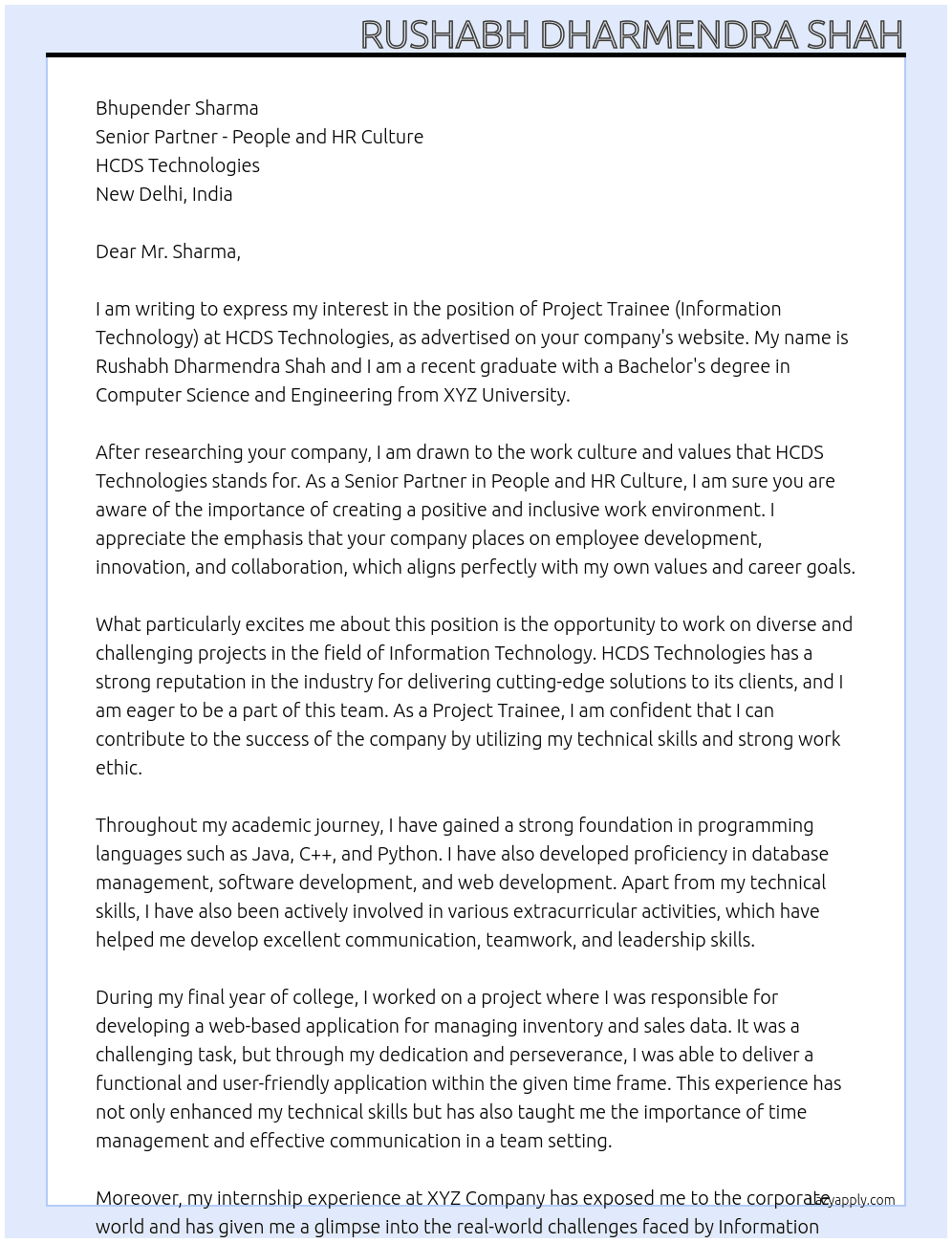 Project Trainee (Information Technology)  At HCDS Technologies Cover Letter