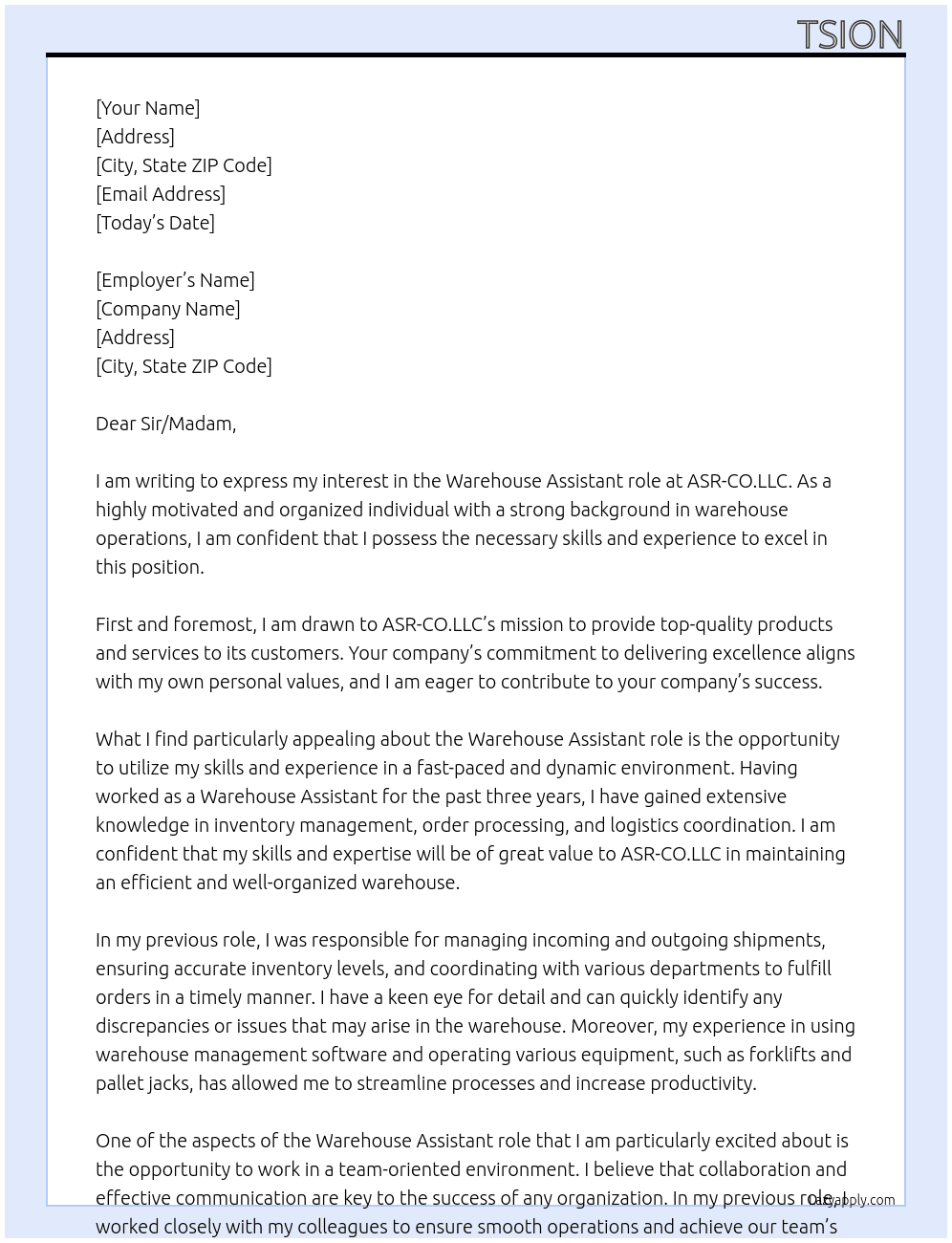 Warehouse Assistant At ASR-CO.LLC Cover Letter
