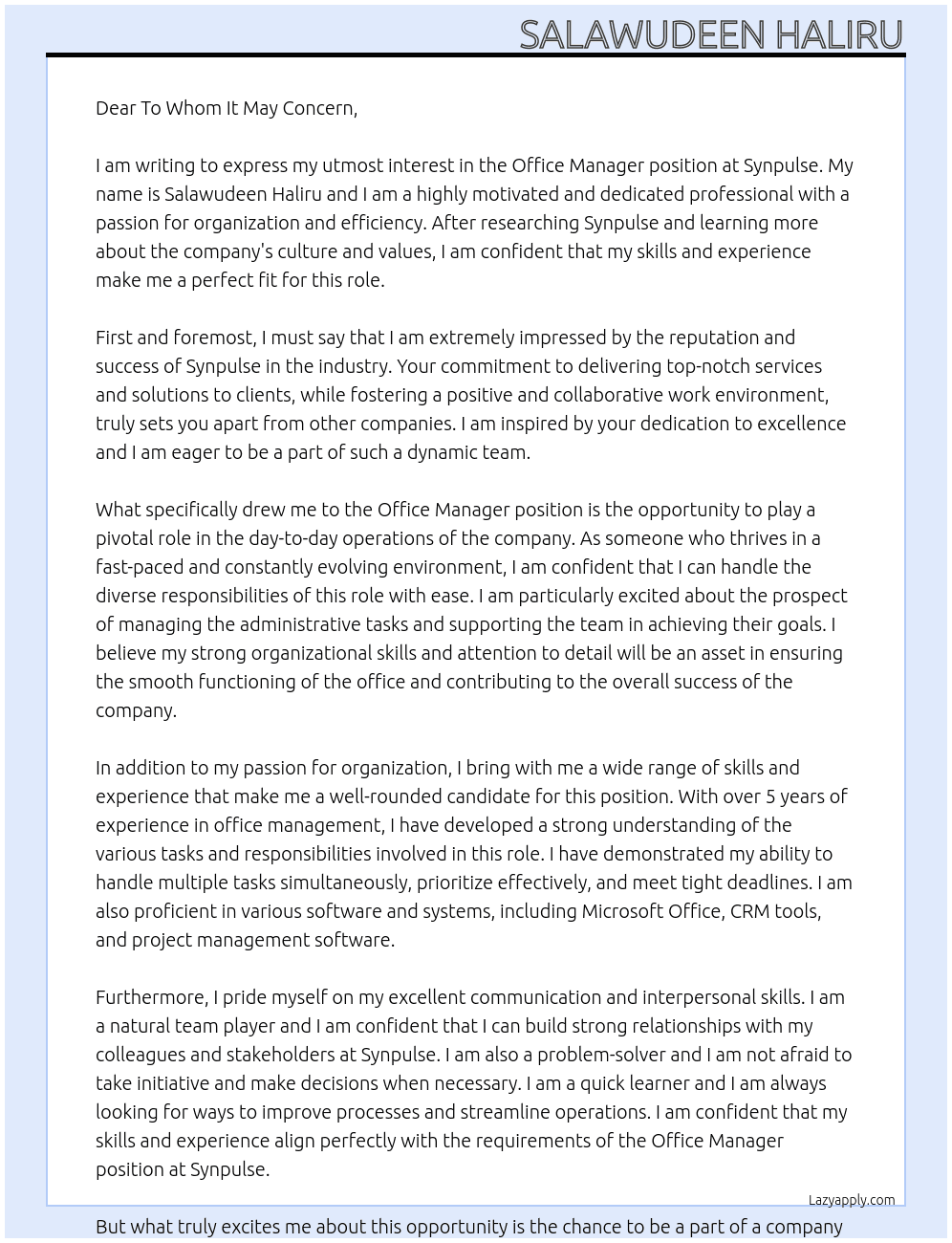 Office Manager At Synpulse Cover Letter