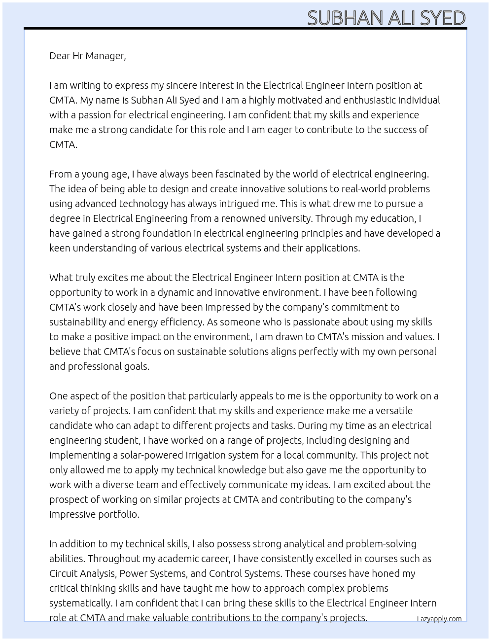 Electrical Engineer Intern At CMTA Cover Letter