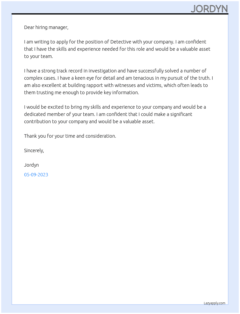 Detective At NA Cover Letter