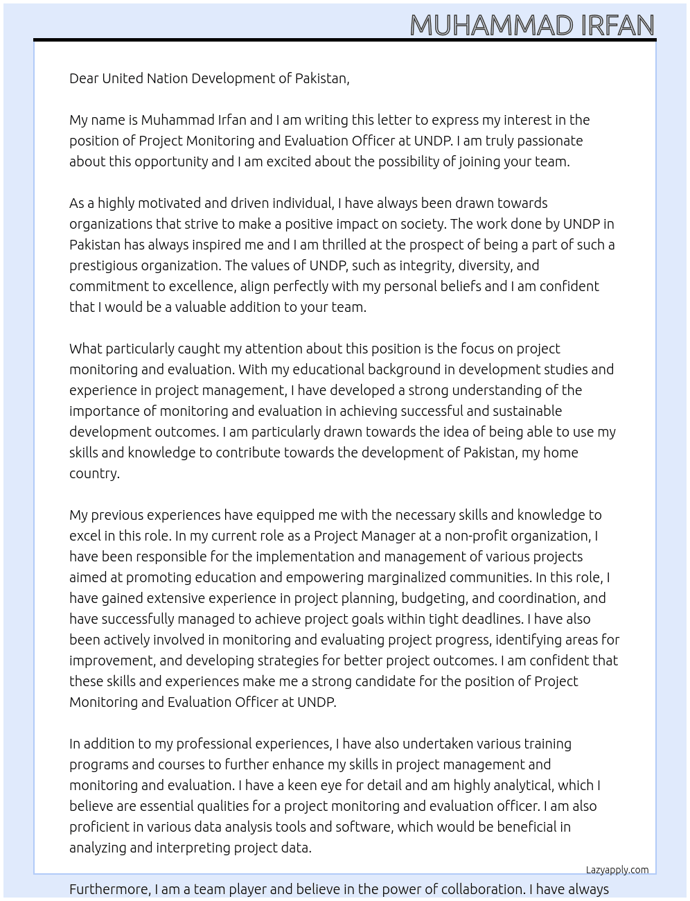 Project Monitoring and Evaluation Officer At UNDP Cover Letter