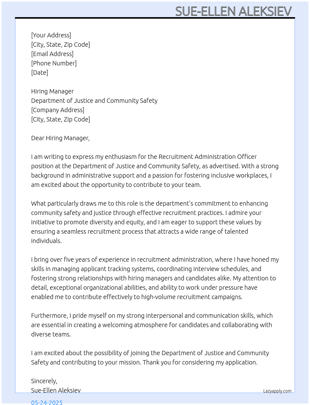 Cover letter for recruitment administration officer - LazyApply