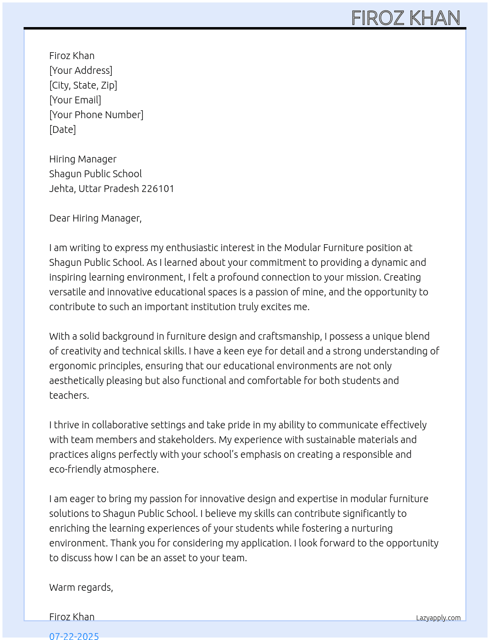 Cover letter for modular furniture - LazyApply