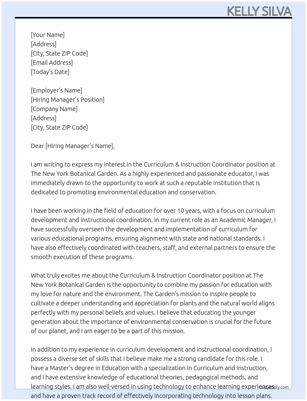 Curriculum & Instruction Coordinator At The New York Botanical Garden Cover Letter