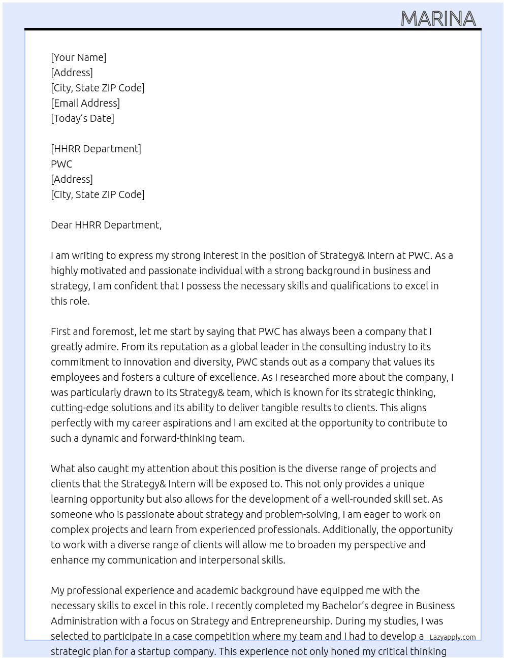 Strategy& Intern At PWC Cover Letter