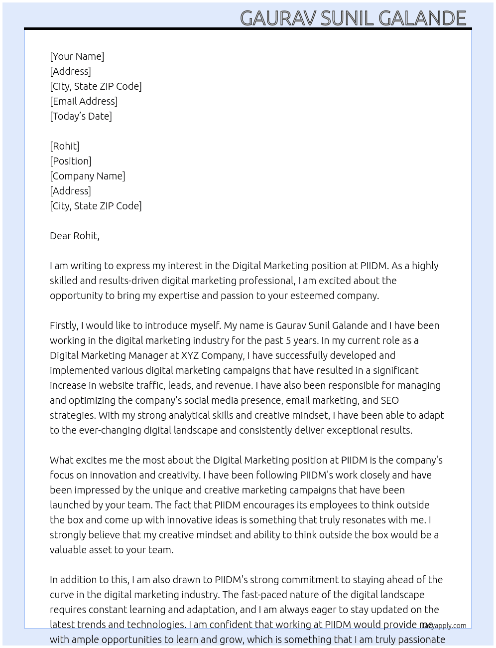 Digital Marketing  At PIIDM Cover Letter