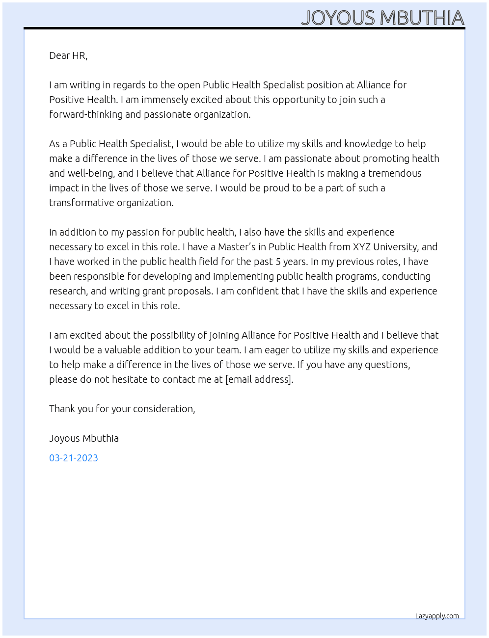 Public Health Specialist At Alliance for Positive Health Cover Letter