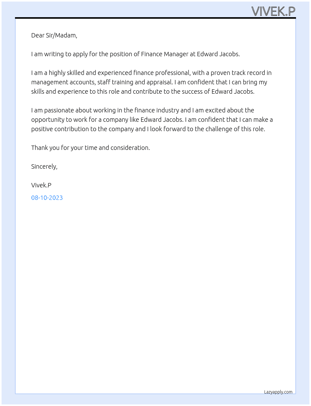 Finance manager At Edward jacobs Cover Letter