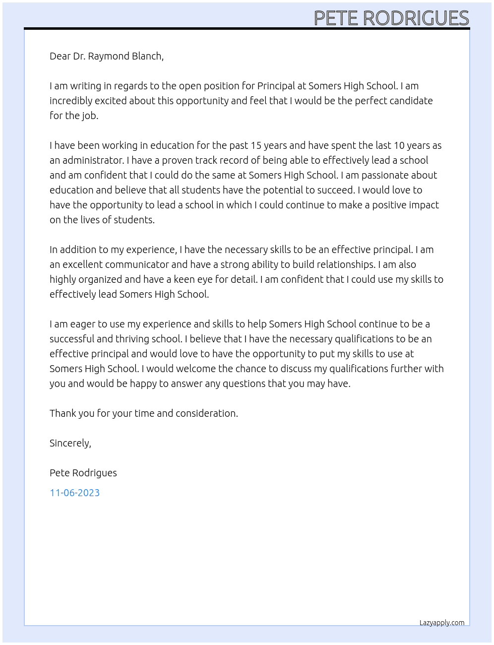 Principal At Somers High School Cover Letter
