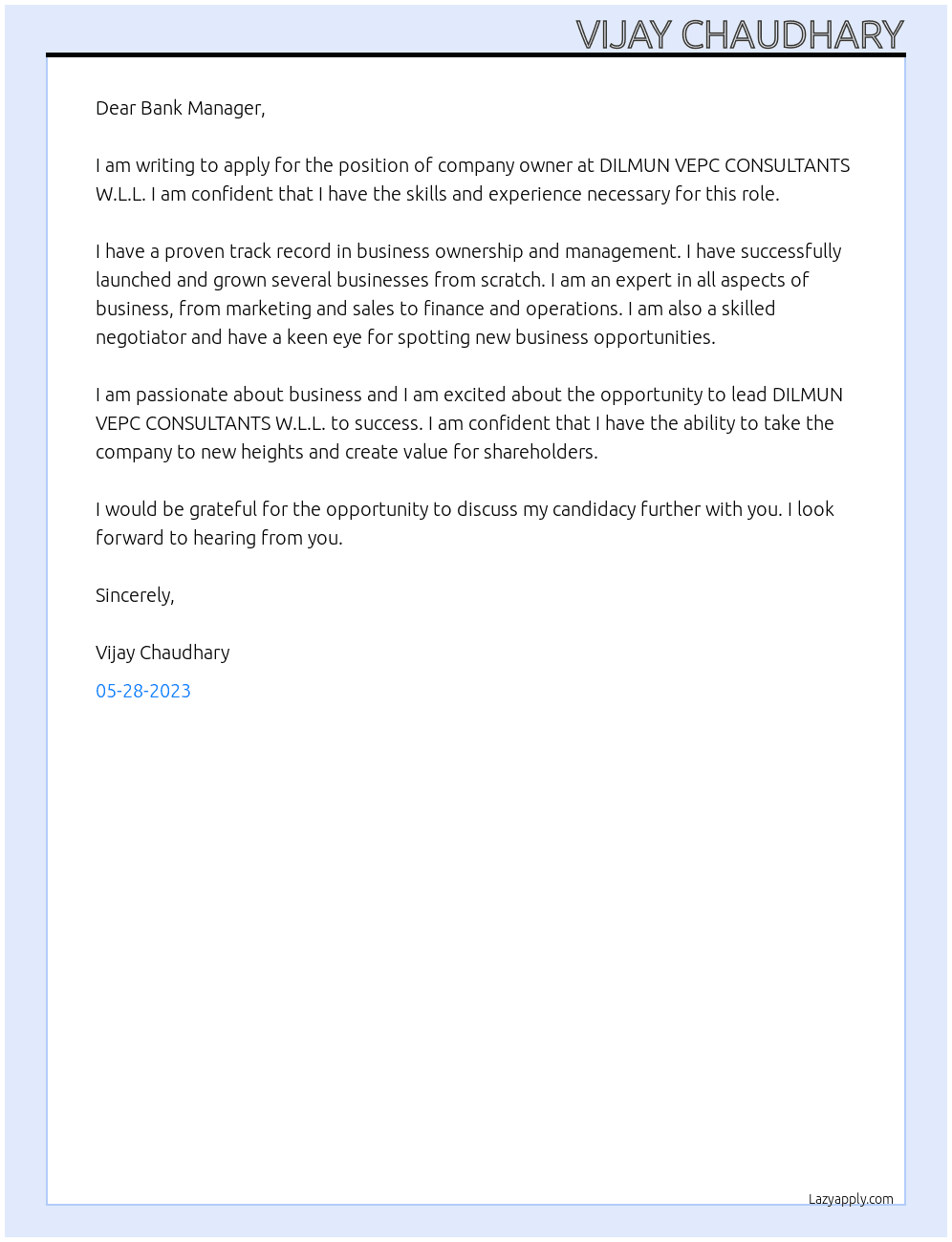 Company owner  At DILMUN VEPC CONSULTANTS W.L.L Cover Letter