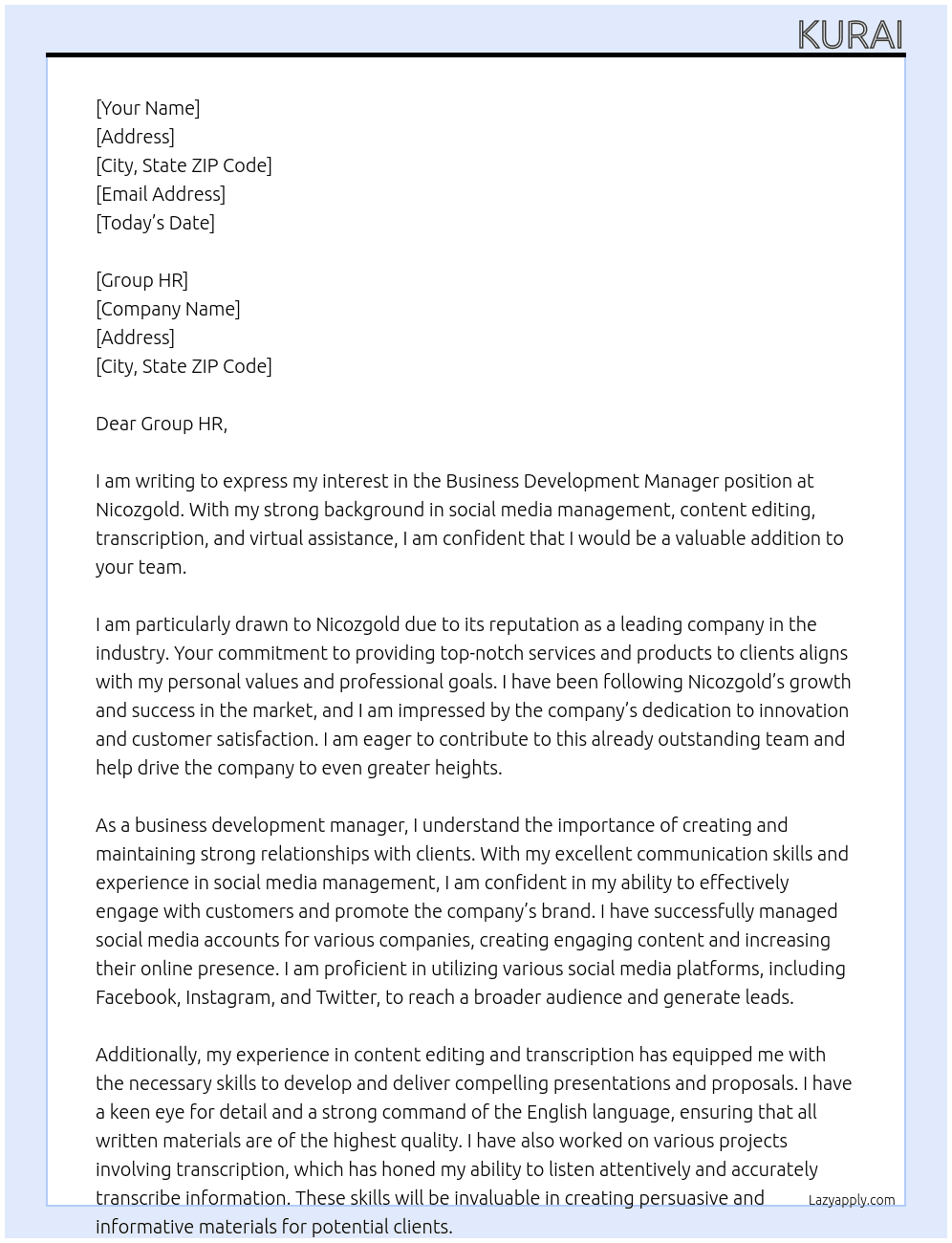 Business development manager At Nicozgold Cover Letter