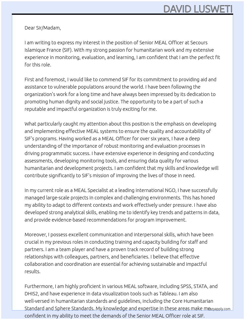 Senior MEAL Officer  At Secours Islamique France (SIF) Cover Letter