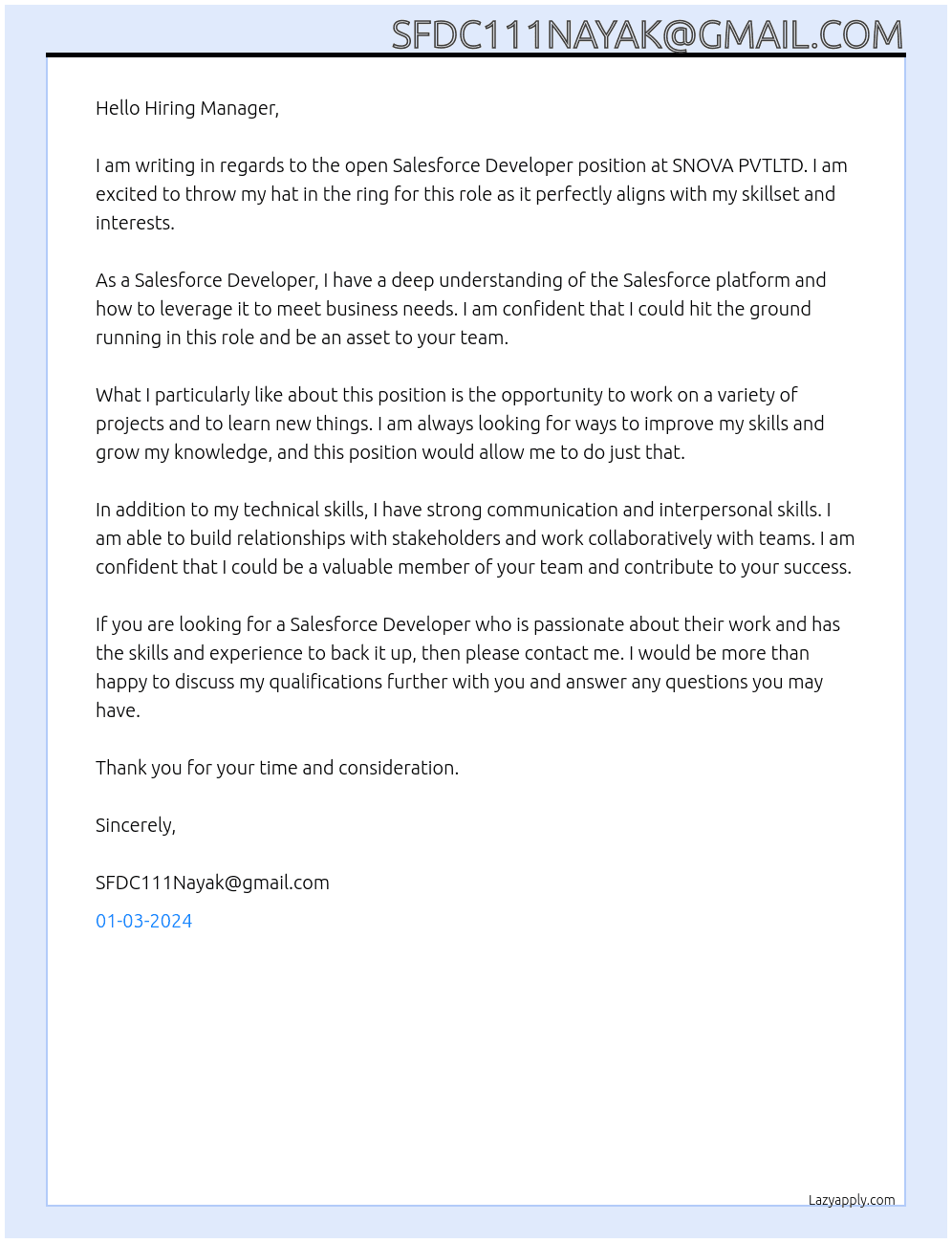 salesforce developer At SNOVA PVTLTD Cover Letter