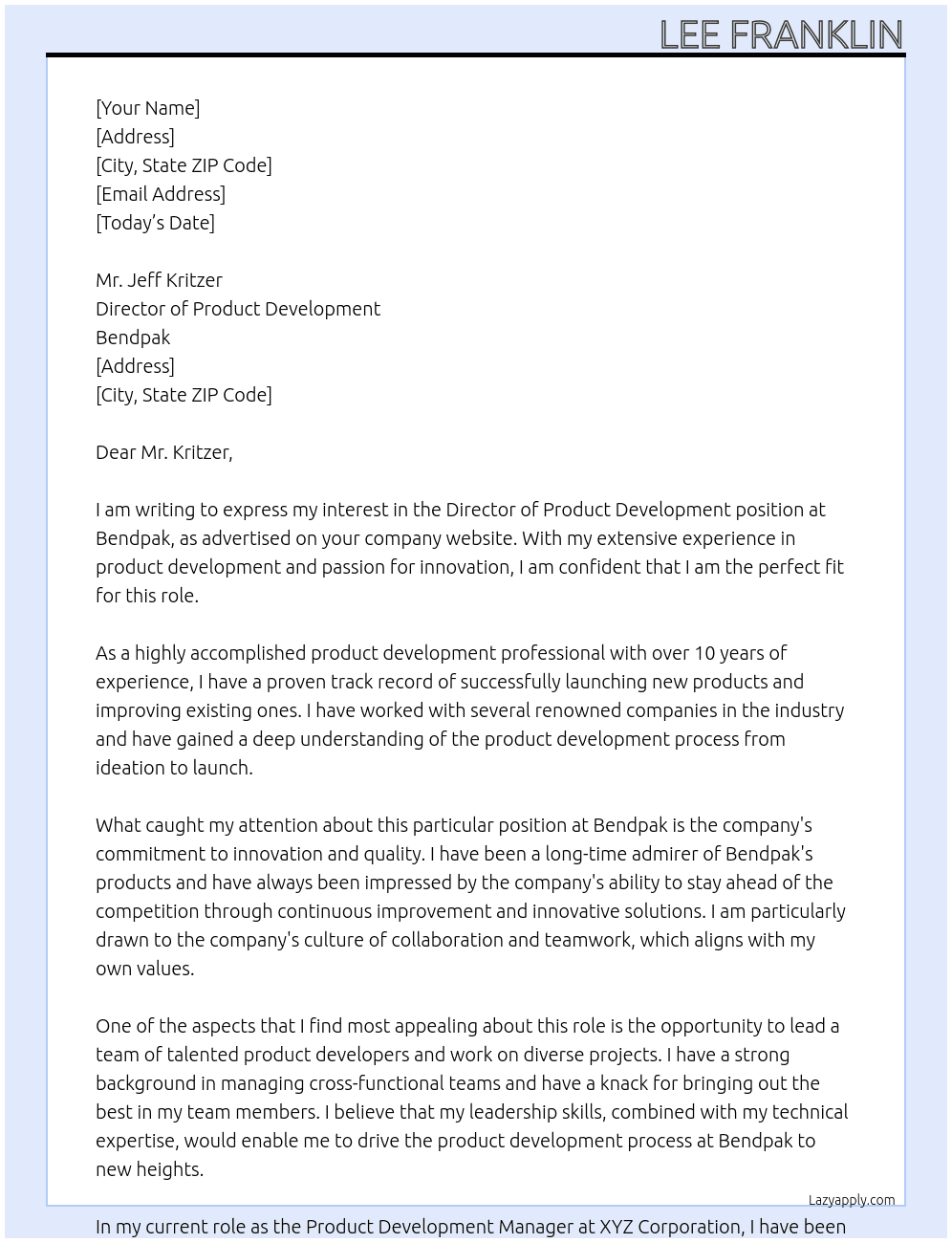 Director of Product Development At Bendpak Cover Letter