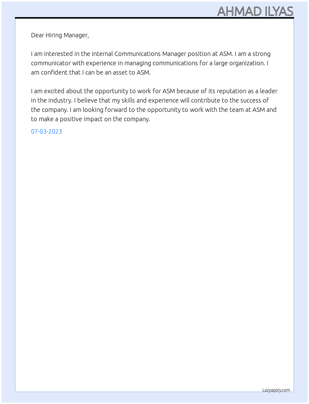 Internal Communications Manager At ASM Cover Letter