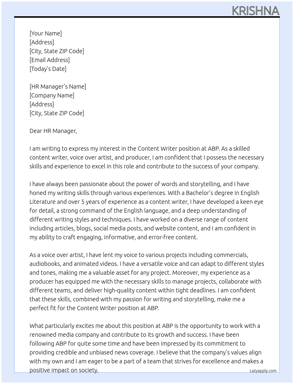 content writer  At abp Cover Letter
