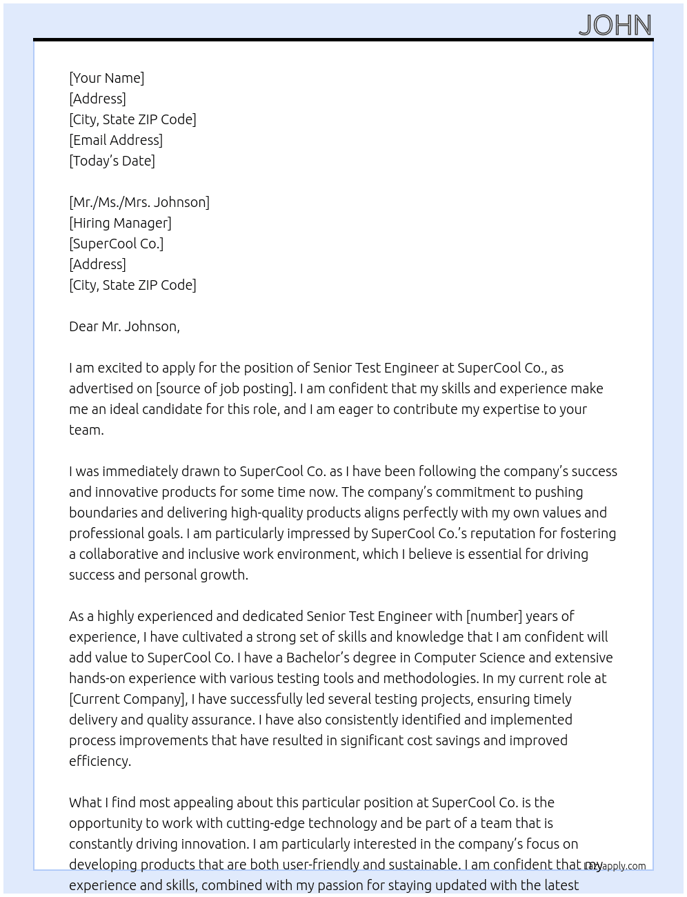 Senior Test Engineer At SuperCool Co. Cover Letter