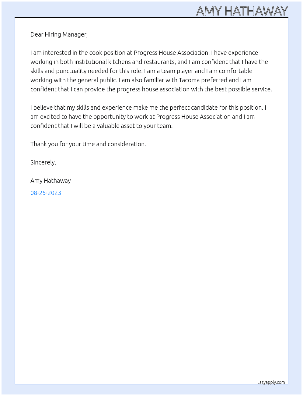 cook At Progress House Association Cover Letter