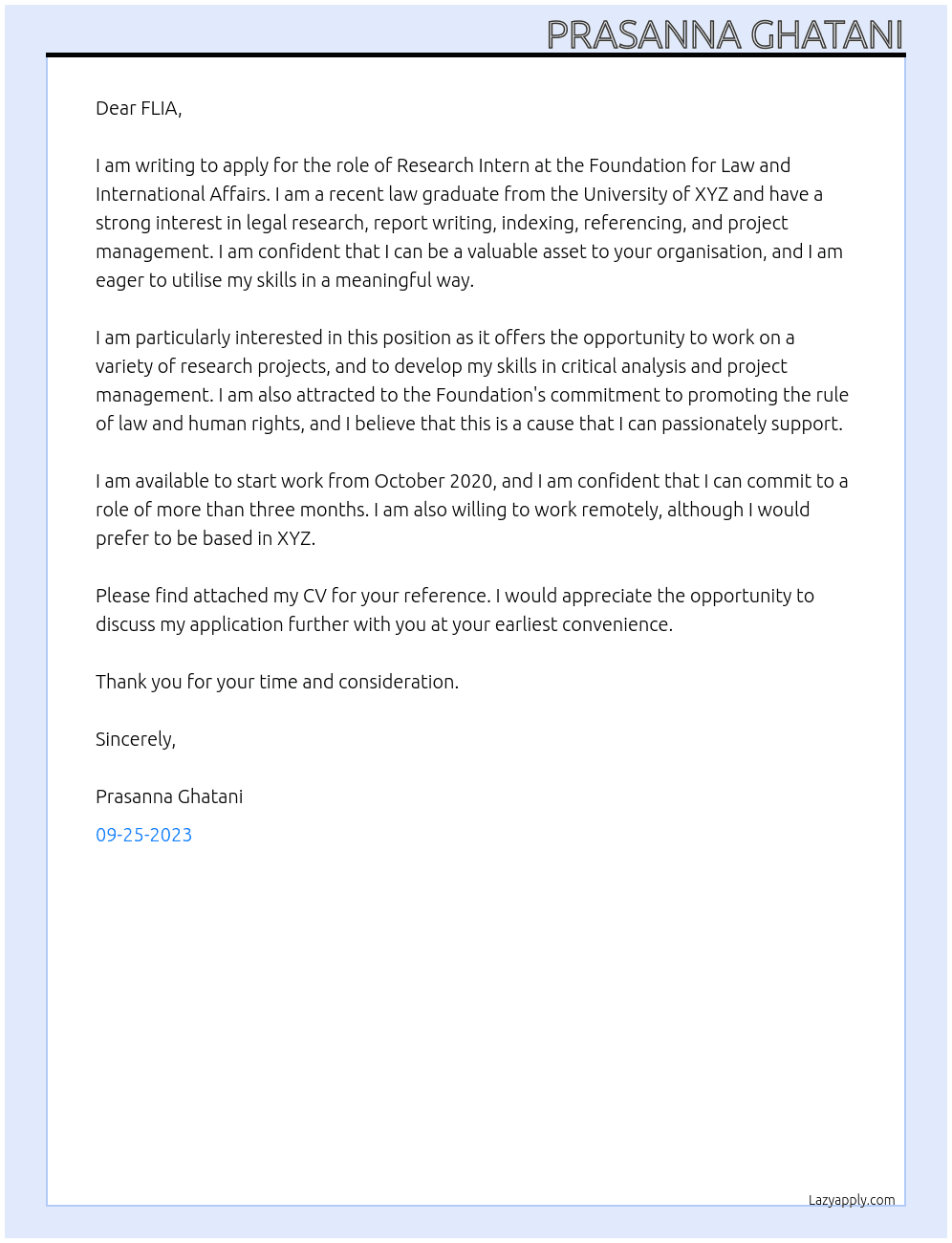 Research Intern At Foundation for Law and International Affairs Cover Letter