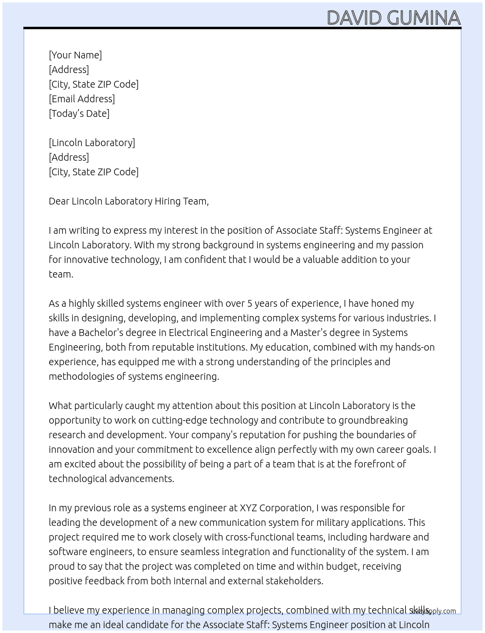 Associate Staff: Systems Engineer At Lincoln Laboratory Cover Letter