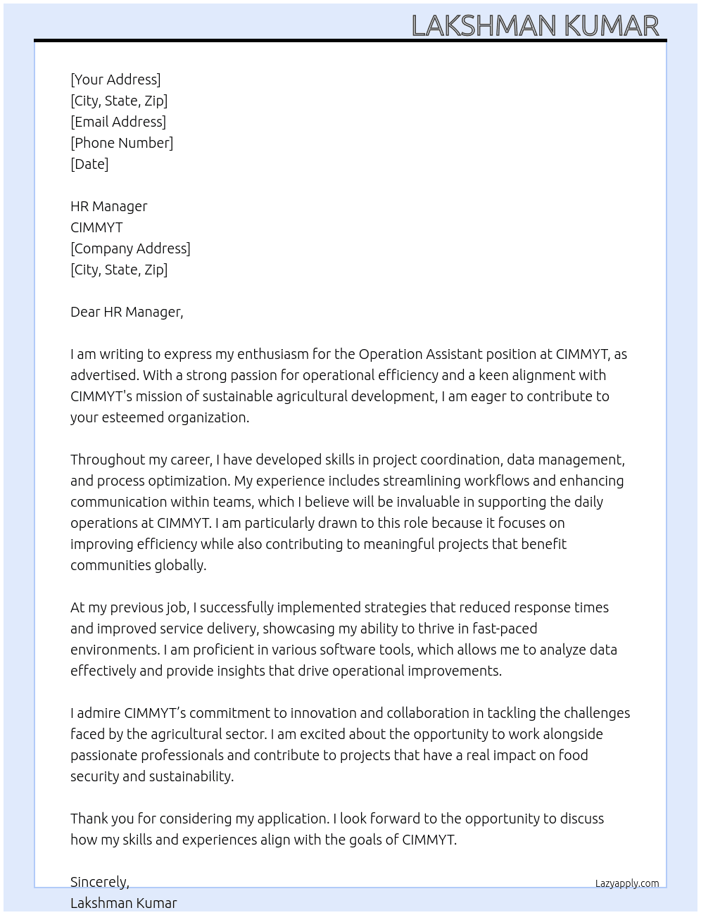Operation assistant  At CIMMYT Cover Letter